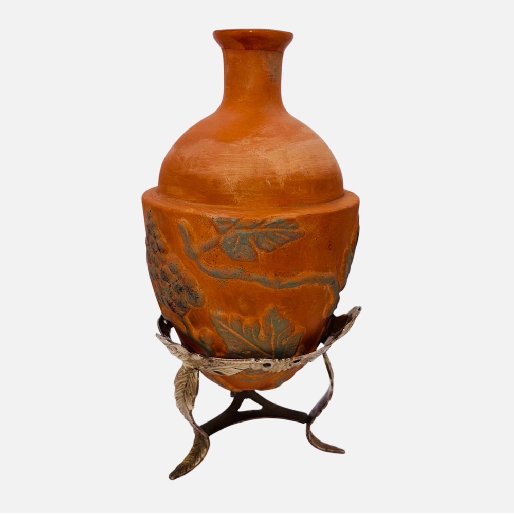 VTG Terracotta Vessel Raised Leaf Fruit Motif Vase With Brass Stand